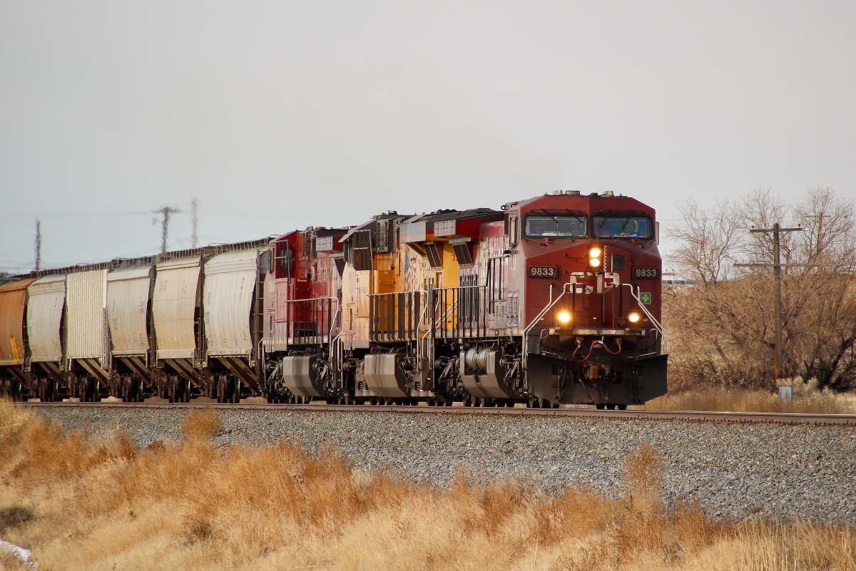 CP 9833 is a class GE AC4400CW and  is pictured in Bliss, Idaho, USA.  This was taken along the Nampa/UP on the Canadian Pacific Railway. Photo Copyright: Rick Doughty uploaded to Railroad Gallery on 12/28/2024. This photograph of CP 9833 was taken on Wednesday, January 04, 2023. All Rights Reserved. 