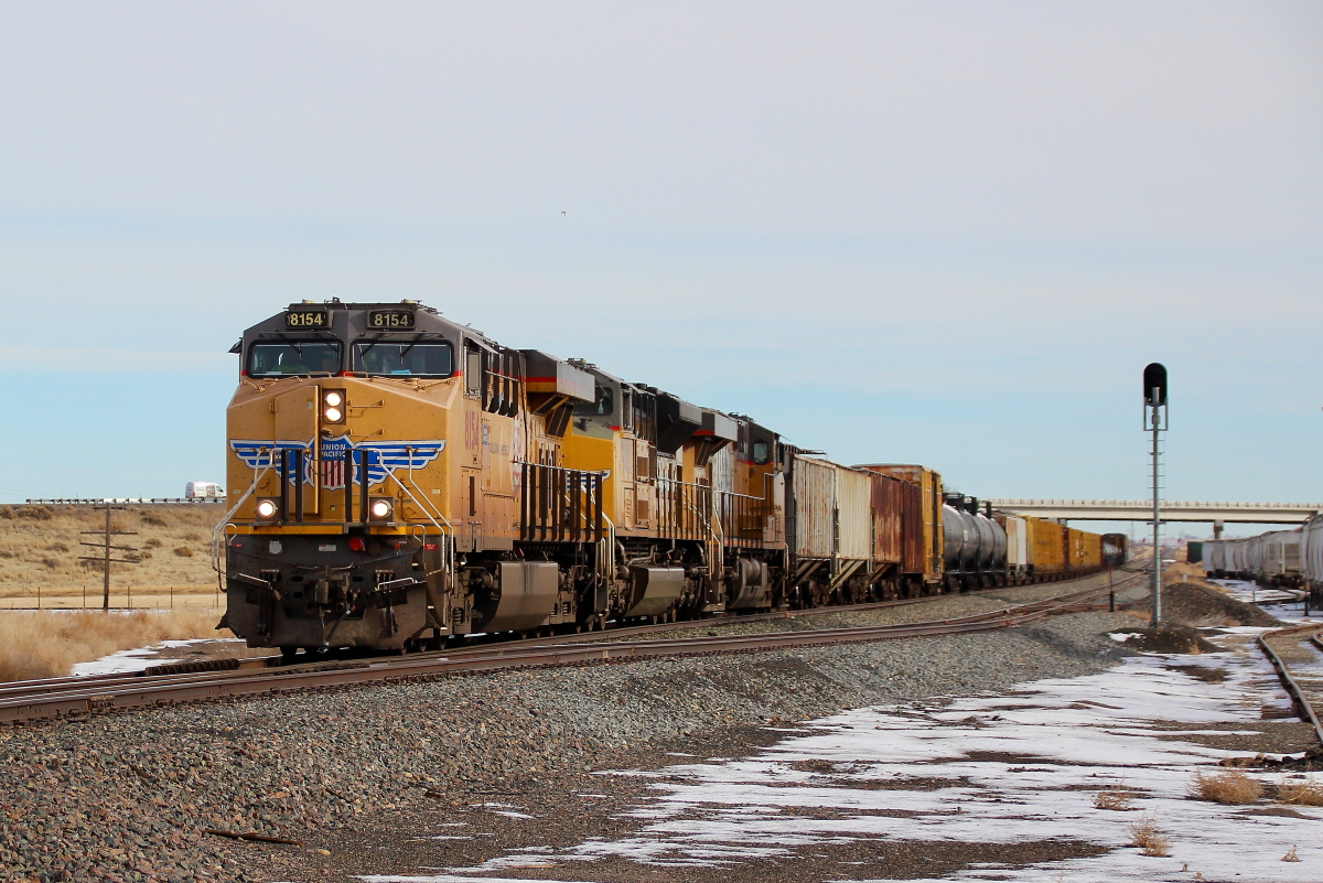 UP 8154 is a class GE ES44AC and  is pictured in Bliss, Idaho, USA.  This was taken along the Nampa/UP on the Union Pacific Railroad. Photo Copyright: Rick Doughty uploaded to Railroad Gallery on 12/28/2024. This photograph of UP 8154 was taken on Wednesday, January 04, 2023. All Rights Reserved. 