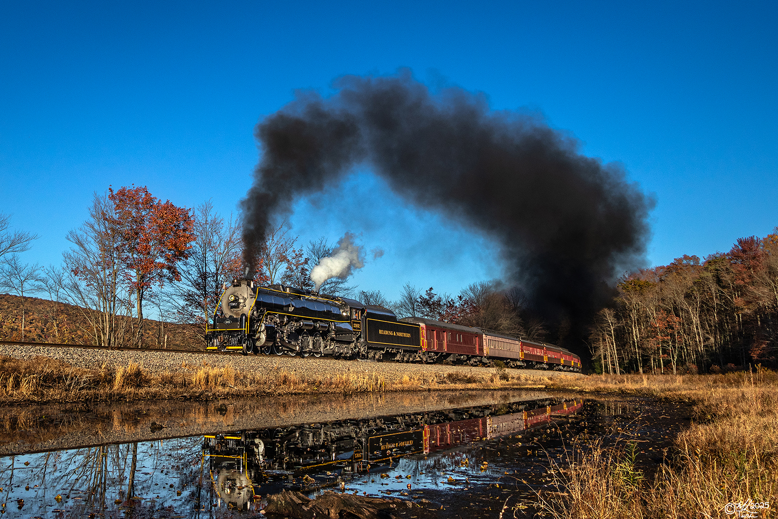 RDG 2102 is a class T-1 and  is pictured in Hometown, Pennsylvania, USA.  This was taken along the Greenwood Lake on the Reading Company. Photo Copyright: Mark Turkovich uploaded to Railroad Gallery on 01/01/2025. This photograph of RDG 2102 was taken on Saturday, October 19, 2024. All Rights Reserved. 