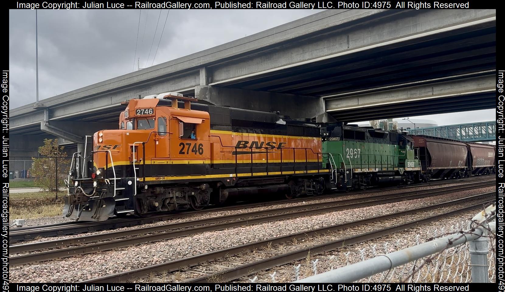 BNSF 2746 & 2967 is a class EMD GP39-2R and  is pictured in Lincoln, Nebraska, United States.  This was taken along the Creston on the BNSF Railway. Photo Copyright: Julian Luce uploaded to Railroad Gallery on 01/02/2025. This photograph of BNSF 2746 & 2967 was taken on Sunday, November 03, 2024. All Rights Reserved. 