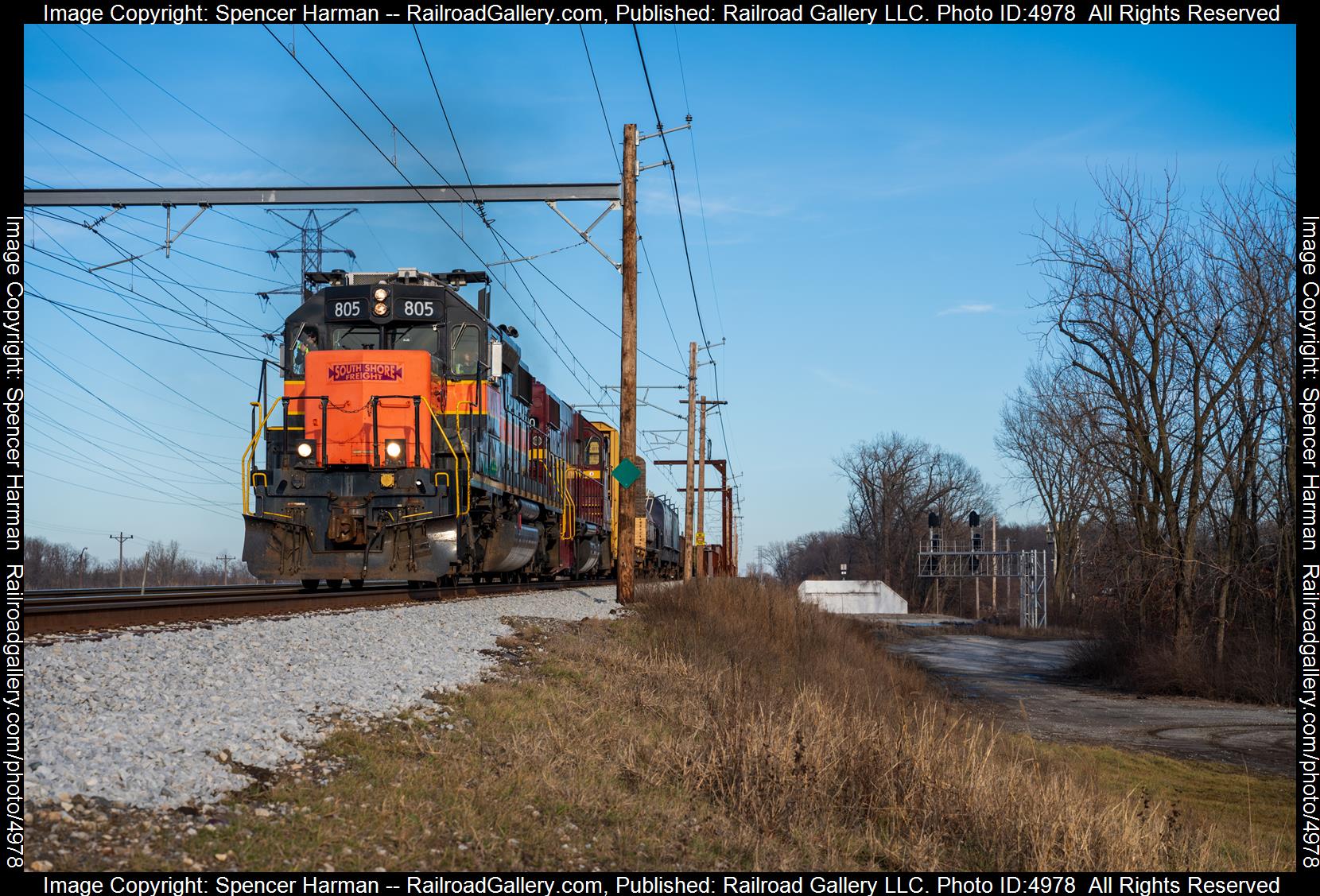 CSS 805 is a class EMD SD38-2 and  is pictured in Burns Harbor, Indiana, USA.  This was taken along the South Shore Line on the Chicago South Shore and South Bend Railroad. Photo Copyright: Spencer Harman uploaded to Railroad Gallery on 01/02/2025. This photograph of CSS 805 was taken on Monday, December 30, 2024. All Rights Reserved. 