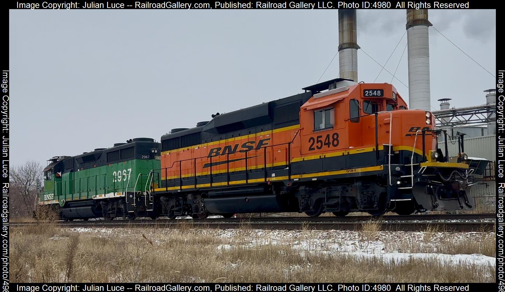 BNSF 2967, BNSF 2548 is a class EMD GP39-2, EMD GP39-3 and  is pictured in Lincoln, Nebraska, United States.  This was taken along the Creston on the BNSF Railway. Photo Copyright: Julian Luce uploaded to Railroad Gallery on 01/06/2025. This photograph of BNSF 2967, BNSF 2548 was taken on Sunday, January 05, 2025. All Rights Reserved. 