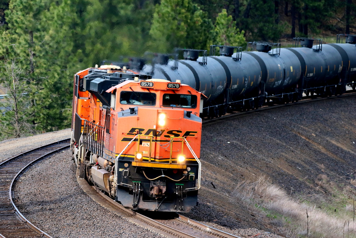 BNSF 8578 is a class EMD SD70ACe and  is pictured in Marshall, Washington, USA.  This was taken along the Lakeside/BNSF on the BNSF Railway. Photo Copyright: Rick Doughty uploaded to Railroad Gallery on 01/11/2025. This photograph of BNSF 8578 was taken on Thursday, April 18, 2024. All Rights Reserved. 