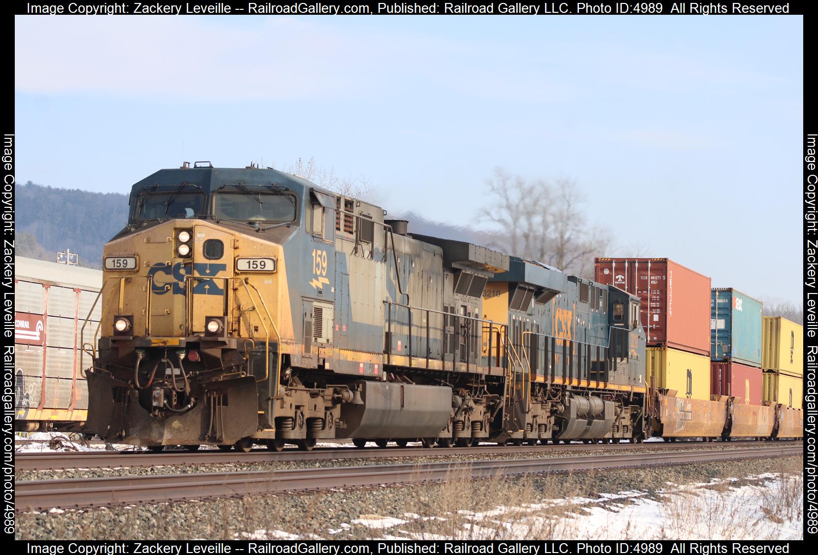 CSXT 159 is a class AC44CW and  is pictured in St Johnsville New York , New York , United States .  This was taken along the Mohawk Subdivision on the CSX. Photo Copyright: Zackery Leveille uploaded to Railroad Gallery on 01/12/2025. This photograph of CSXT 159 was taken on Sunday, January 12, 2025. All Rights Reserved. 