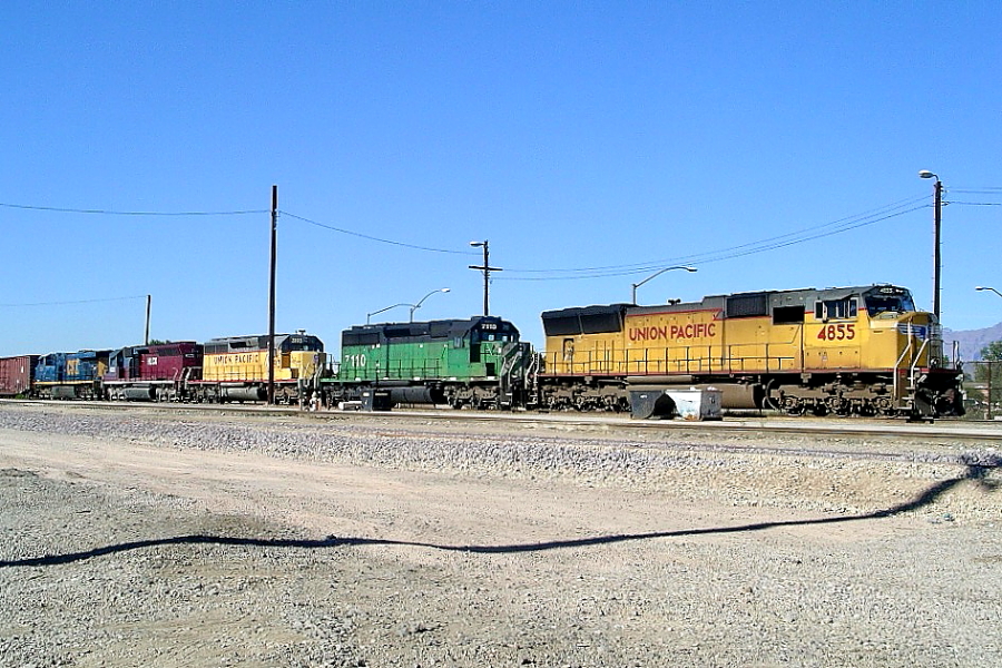 UP 4855 is a class EMD SD70M and  is pictured in Tucson, Arizona, USA.  This was taken along the Lordsburg/UP on the Union Pacific Railroad. Photo Copyright: Rick Doughty uploaded to Railroad Gallery on 01/16/2025. This photograph of UP 4855 was taken on Saturday, October 21, 2006. All Rights Reserved. 