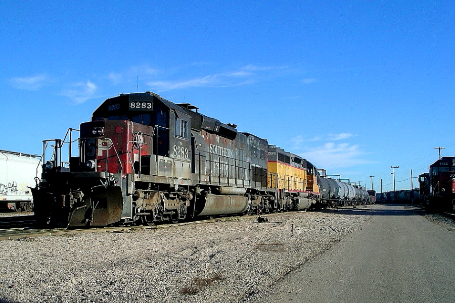 SP 8283 is a class EMD SD40T-2 and  is pictured in Tucson, Arizona, USA.  This was taken along the Lordsburg/UP on the Southern Pacific Transportation Company. Photo Copyright: Rick Doughty uploaded to Railroad Gallery on 01/18/2025. This photograph of SP 8283 was taken on Wednesday, December 08, 2004. All Rights Reserved. 