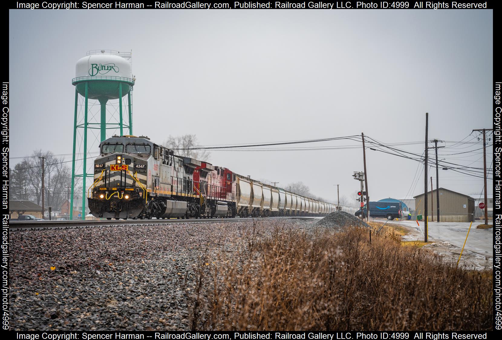 KCSM 4567 is a class GE AC4400CW and  is pictured in Butler, Indiana, USA.  This was taken along the Chicago Line on the Norfolk Southern. Photo Copyright: Spencer Harman uploaded to Railroad Gallery on 02/01/2025. This photograph of KCSM 4567 was taken on Friday, January 31, 2025. All Rights Reserved. 