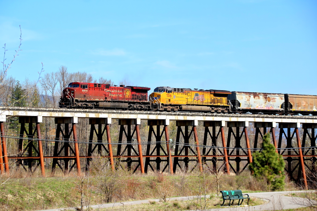 CP 9814 is a class GE ES44AC and  is pictured in Sandpoint, Idaho, USA.  This was taken along the Spokane/UP on the Canadian Pacific Railway. Photo Copyright: Rick Doughty uploaded to Railroad Gallery on 02/03/2025. This photograph of CP 9814 was taken on Saturday, April 29, 2023. All Rights Reserved. 