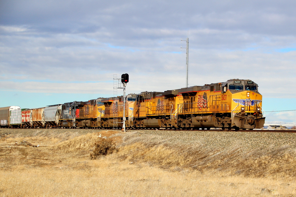 UP 5437 is a class GE AC4500CW-CTE and  is pictured in Shoshone, Idaho, USA.  This was taken along the Nampa/UP on the Union Pacific Railroad. Photo Copyright: Rick Doughty uploaded to Railroad Gallery on 02/19/2025. This photograph of UP 5437 was taken on Wednesday, February 05, 2025. All Rights Reserved. 