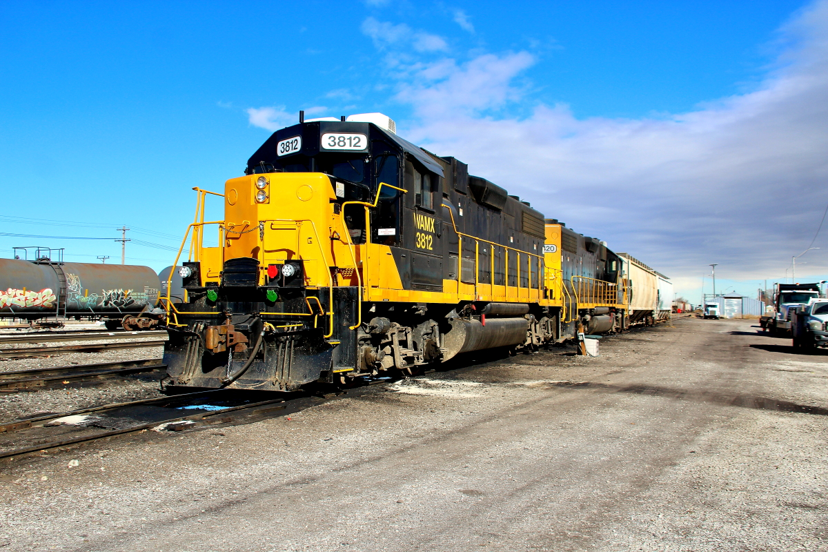 WAMX 3812 is a class EMD GP40-3 and  is pictured in Rupert, Idaho, USA.  This was taken along the Twin Falls/EIRR on the Eastern Idaho Railroad. Photo Copyright: Rick Doughty uploaded to Railroad Gallery on 02/19/2025. This photograph of WAMX 3812 was taken on Wednesday, February 05, 2025. All Rights Reserved. 