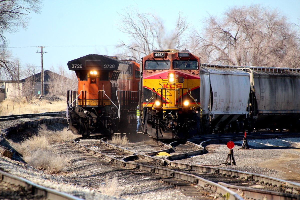 KCS 4667 is a class GE ES44AC and  is pictured in Jerome, Idaho, USA.  This was taken along the North Branch/EIRR on the Kansas City Southern Railway. Photo Copyright: Rick Doughty uploaded to Railroad Gallery on 03/03/2025. This photograph of KCS 4667 was taken on Friday, February 28, 2025. All Rights Reserved. 