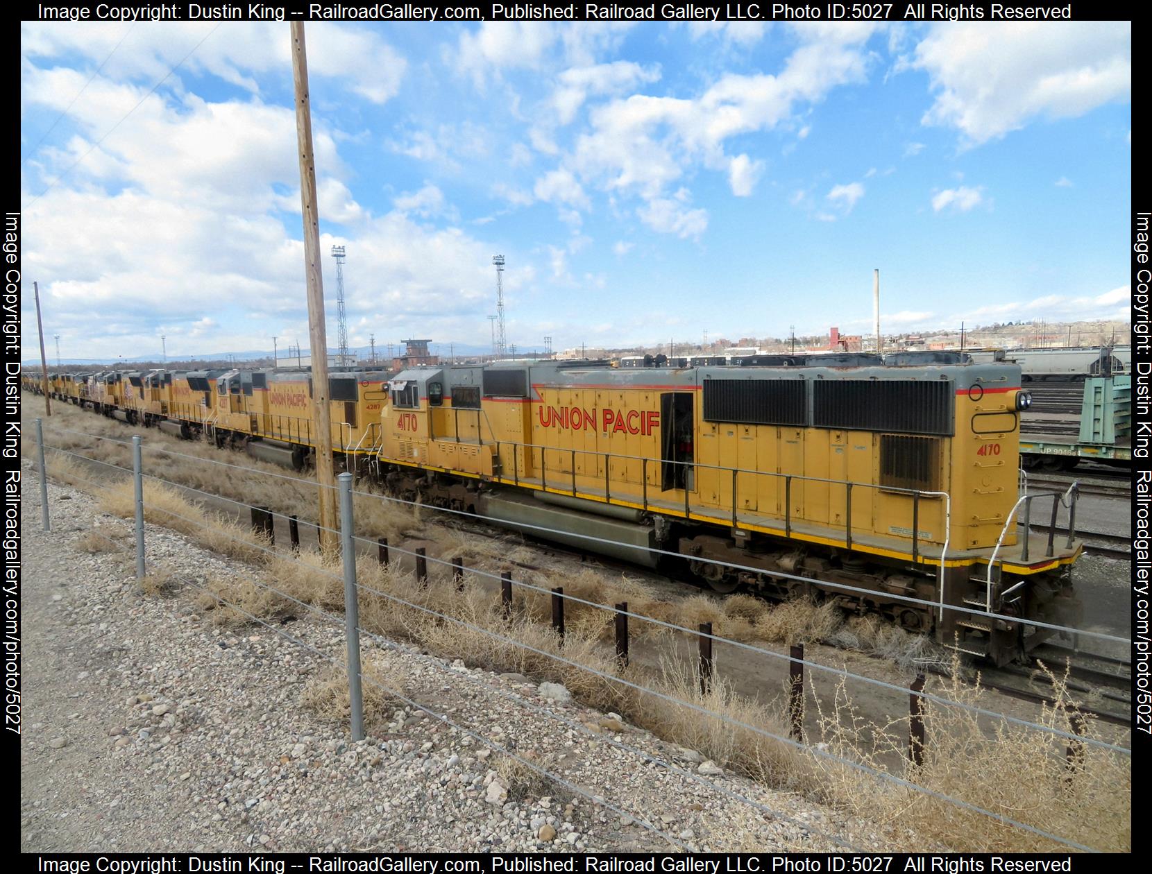 4170 is a class EMD SD70M and  is pictured in Pueblo, Colorado, USA.  This was taken along the Colorado Joint Line on the Union Pacific Railroad. Photo Copyright: Dustin King uploaded to Railroad Gallery on 03/05/2025. This photograph of 4170 was taken on Tuesday, March 04, 2025. All Rights Reserved. 