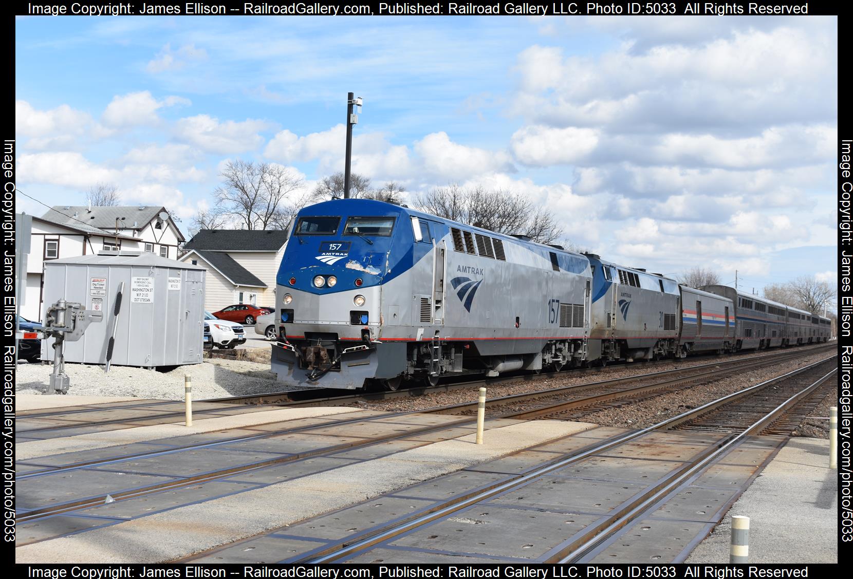 AMTK 157 is a class GE P42DC and  is pictured in Downers Grove, Illinois, USA.  This was taken along the BNSF Racetrack on the Amtrak. Photo Copyright: James Ellison uploaded to Railroad Gallery on 03/11/2025. This photograph of AMTK 157 was taken on Saturday, March 16, 2024. All Rights Reserved. 