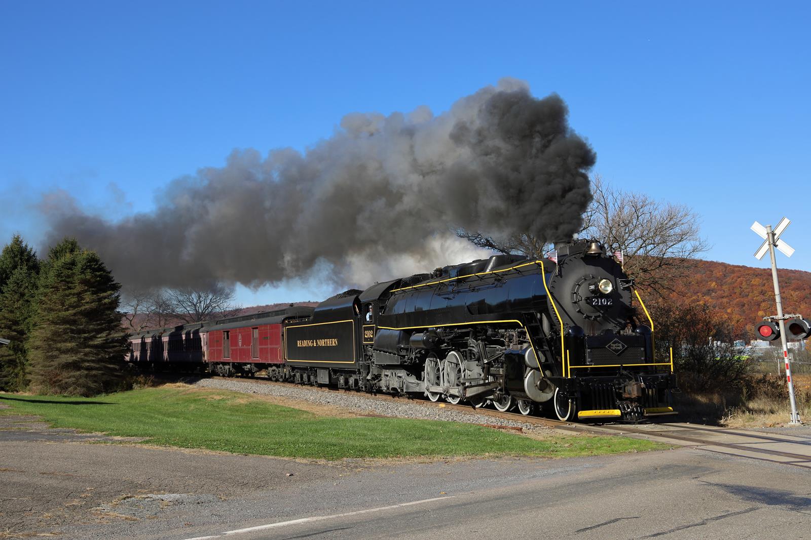 R&N 2102 is a class Steam 4-8-4 T1 and  is pictured in Hometown, Pennsylvania, USA.  This was taken along the R&N Mainline on the Reading Blue Mountain and Northern Railroad. Photo Copyright: Marc Lingenfelter uploaded to Railroad Gallery on 01/02/2023. This photograph of R&N 2102 was taken on Saturday, October 29, 2022. All Rights Reserved. 