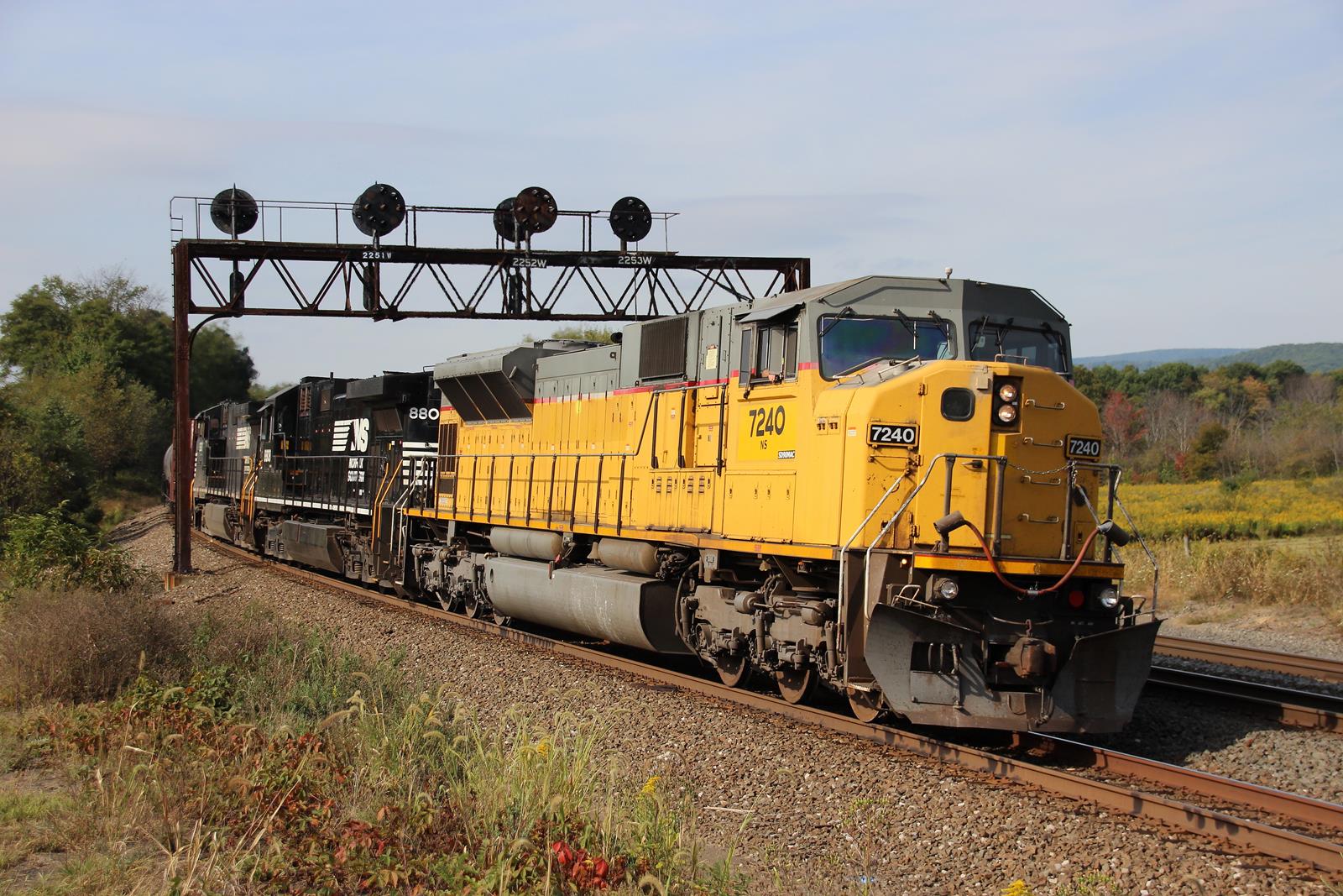 NS 7240 is a class EMD SD90MAC and  is pictured in Tipton, Pennsylvania, USA.  This was taken along the NS Pittsburgh Line on the Norfolk Southern. Photo Copyright: Marc Lingenfelter uploaded to Railroad Gallery on 01/02/2023. This photograph of NS 7240 was taken on Friday, September 25, 2015. All Rights Reserved. 