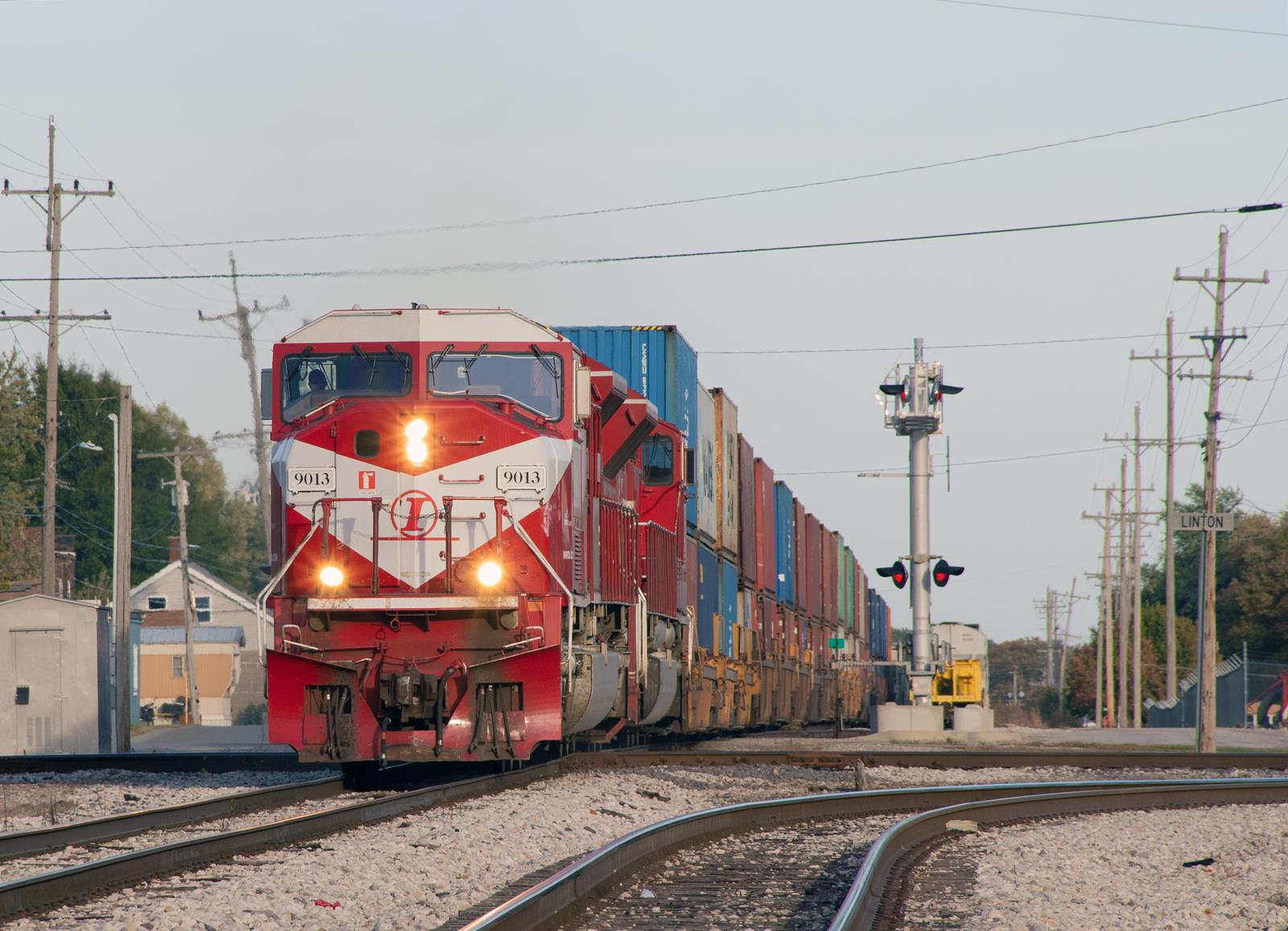 INRD 9013 is a class EMD SD9043MAC and  is pictured in Linton, Indiana, Usa.  This was taken along the INRD Indianapolis Subdivision on the Indiana Rail Road. Photo Copyright: Alex Moss uploaded to Railroad Gallery on 01/02/2023. This photograph of INRD 9013 was taken on Friday, October 14, 2022. All Rights Reserved. 