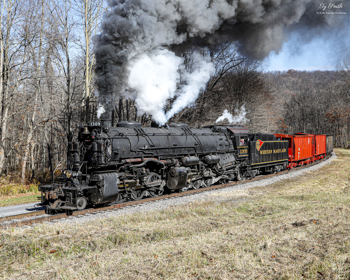 WMSR 1309 is a class 2-6-6-2 and  is pictured in Frostburg, Maryland, USA.  This was taken along the Western Maryland Railway on the Western Maryland Scenic Railroad. Photo Copyright: Tylynn Smith uploaded to Railroad Gallery on 01/03/2023. This photograph of WMSR 1309 was taken on Sunday, November 06, 2022. All Rights Reserved. 