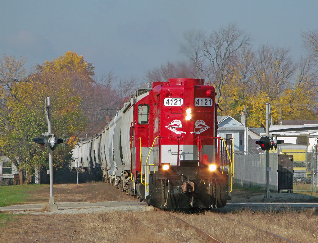 RJCR 4121 is a class EMD GP20E and  is pictured in Greenville, Ohio, United States.  This was taken along the Western Ohio Lines / Greenville Line on the RJ Corman. Photo Copyright: David Rohdenburg uploaded to Railroad Gallery on 01/05/2023. This photograph of RJCR 4121 was taken on Friday, November 08, 2013. All Rights Reserved. 
