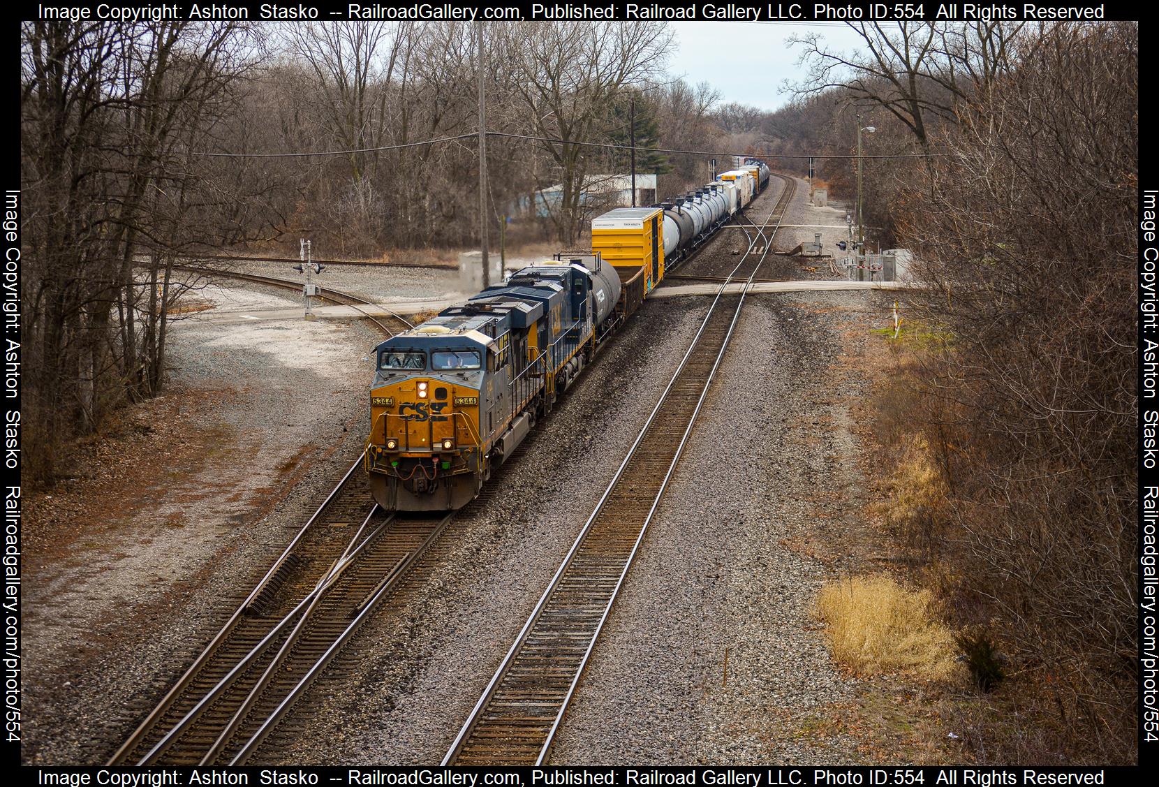 5344 is a class ES44DC and  is pictured in Portage, Indiana, United States .  This was taken along the Garrett Subdivision  on the CSX Transportation. Photo Copyright: Ashton  Stasko  uploaded to Railroad Gallery on 01/10/2023. This photograph of 5344 was taken on Saturday, January 07, 2023. All Rights Reserved. 