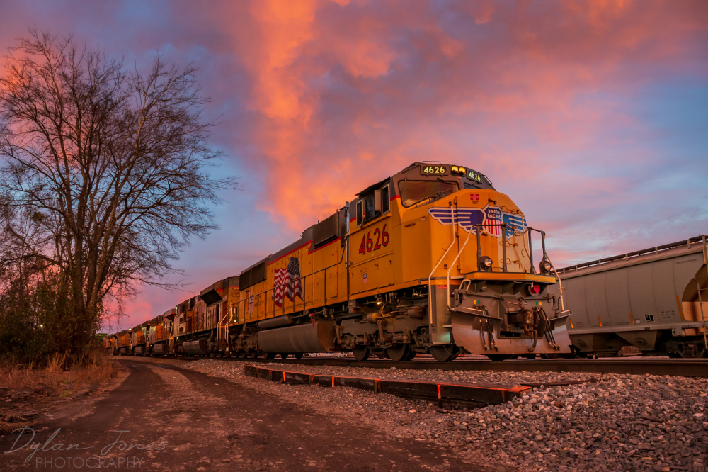 UP 4626 is a class EMD SD70M and  is pictured in Meridian, MS, USA.  This was taken along the Meridian Subdivision (Meridian Speedway) on the Kansas City Southern Railway. Photo Copyright: Dylan  Jones uploaded to Railroad Gallery on 01/11/2023. This photograph of UP 4626 was taken on Monday, January 09, 2023. All Rights Reserved. 