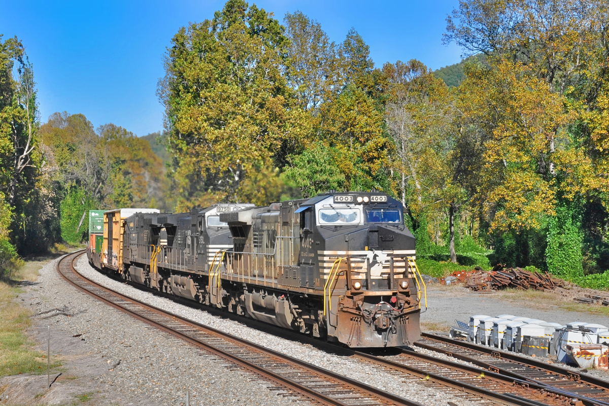 NS 4003 is a class GE AC44C6M and  is pictured in Charlottesville, VA, United States.  This was taken along the NS Washington District  on the Norfolk Southern. Photo Copyright: Robby Lefkowitz uploaded to Railroad Gallery on 11/12/2022. This photograph of NS 4003 was taken on Sunday, October 09, 2022. All Rights Reserved. 