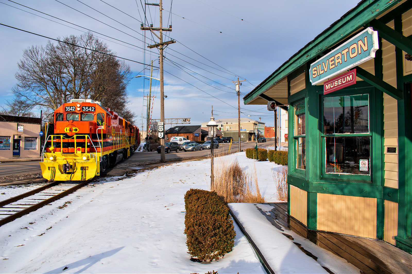 IORY 3542 is a class EMD GP38-2 and  is pictured in Silverton, OH, United States.  This was taken along the Blue Ash Subdivision on the Indiana and Ohio Railway. Photo Copyright: David Rohdenburg uploaded to Railroad Gallery on 01/16/2023. This photograph of IORY 3542 was taken on Wednesday, February 09, 2022. All Rights Reserved. 