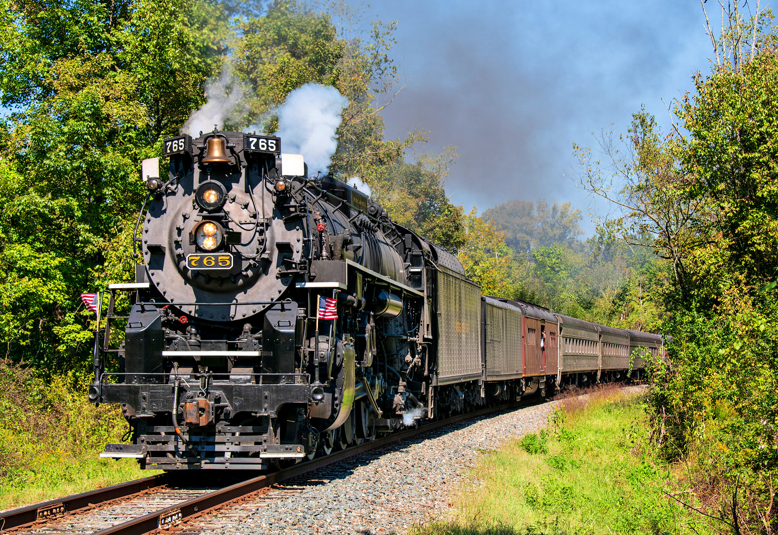 NKP 765 is a class Steam 2-8-4 and  is pictured in Cuyahoga Falls, Ohio, United States.  This was taken along the CVSR Mainline on the Cuyahoga Valley Scenic Railroad. Photo Copyright: David Rohdenburg uploaded to Railroad Gallery on 01/16/2023. This photograph of NKP 765 was taken on Sunday, September 19, 2021. All Rights Reserved. 