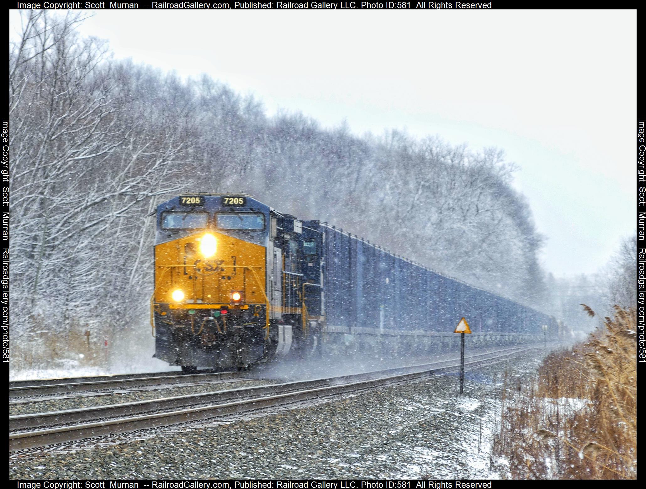 CSX 7205 is a class GE CM44AC  and  is pictured in Macedon, New York , USA .  This was taken along the Rochester  on the CSX Transportation. Photo Copyright: Scott  Murnan  uploaded to Railroad Gallery on 01/16/2023. This photograph of CSX 7205 was taken on Saturday, January 14, 2023. All Rights Reserved. 