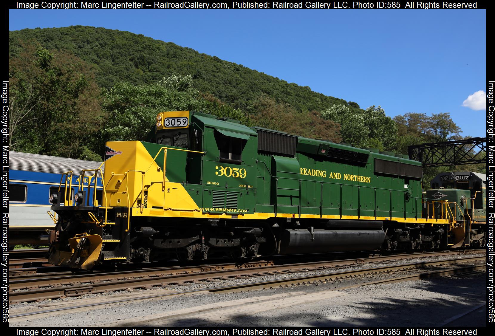 R&N 3059 is a class EMD SD40-2 and  is pictured in Port Clinton, Pennsylvania, USA.  This was taken along the R&N Mainline on the Reading Blue Mountain and Northern Railroad. Photo Copyright: Marc Lingenfelter uploaded to Railroad Gallery on 01/16/2023. This photograph of R&N 3059 was taken on Friday, August 12, 2022. All Rights Reserved. 