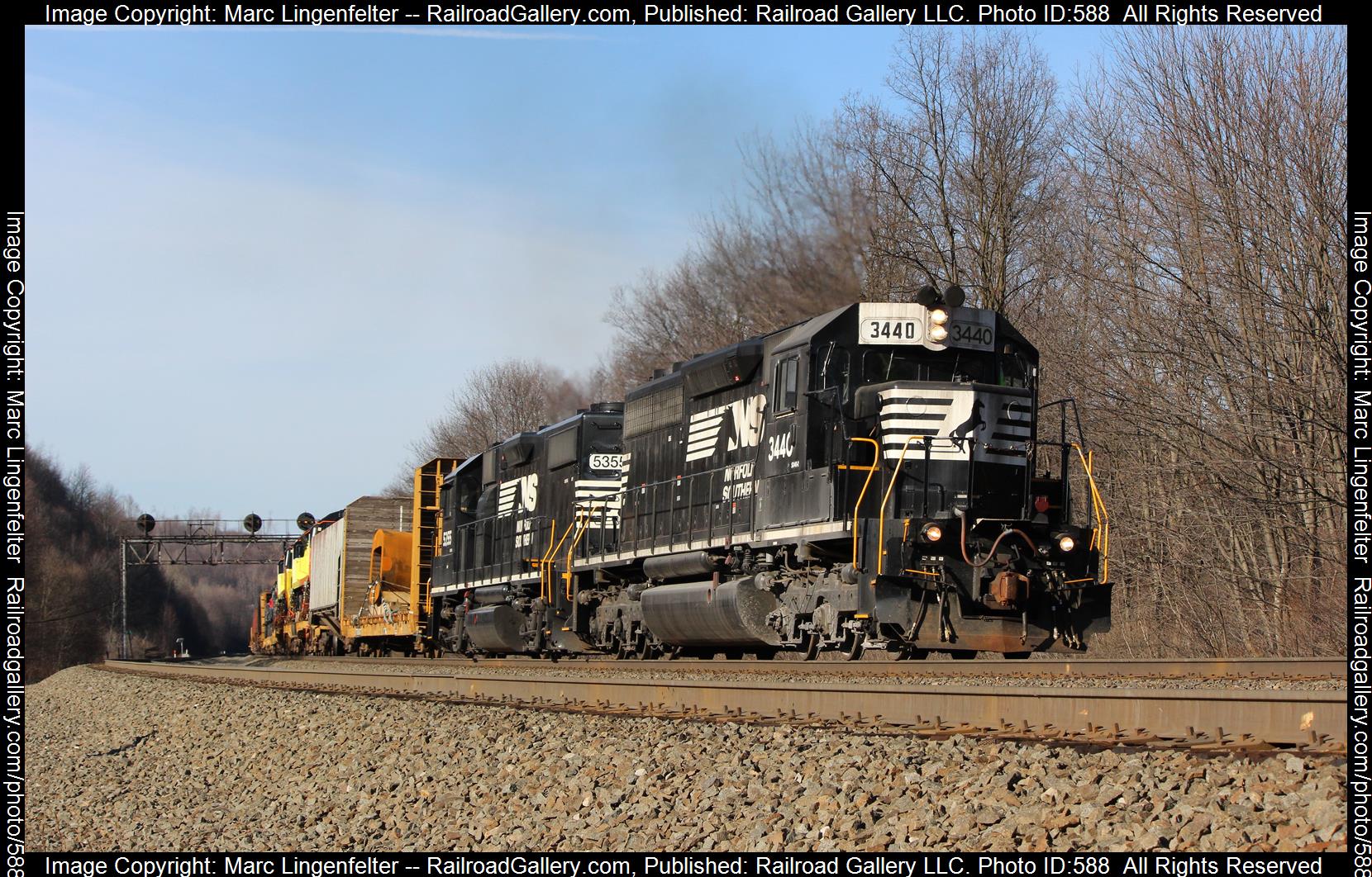 NS 3440 is a class EMD SD40-2R and  is pictured in Lilly, Pennsylvania, USA.  This was taken along the NS Pittsburgh Line on the Norfolk Southern. Photo Copyright: Marc Lingenfelter uploaded to Railroad Gallery on 01/17/2023. This photograph of NS 3440 was taken on Sunday, April 20, 2014. All Rights Reserved. 