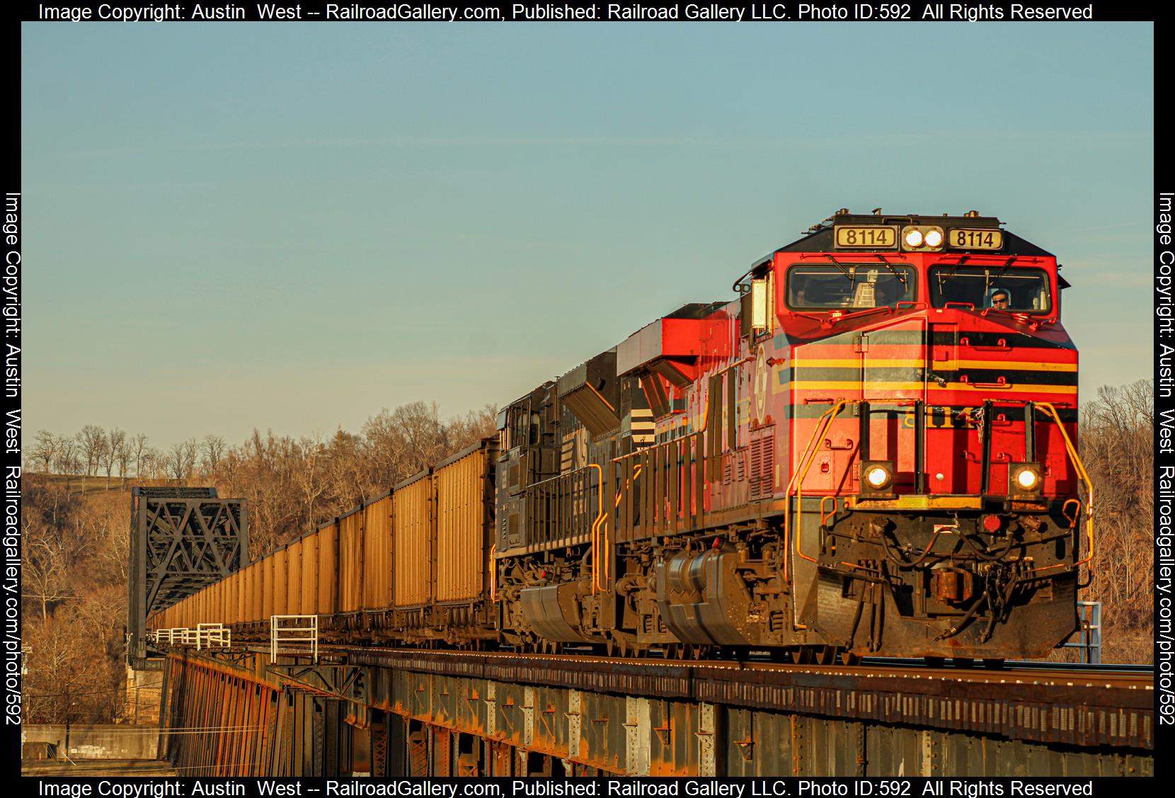 NS 8114 is a class ES44AC and  is pictured in Kenova , West Virginia, USA.  This was taken along the Kenova District  on the Norfolk Southern. Photo Copyright: Austin  West uploaded to Railroad Gallery on 01/18/2023. This photograph of NS 8114 was taken on Sunday, January 15, 2023. All Rights Reserved. 