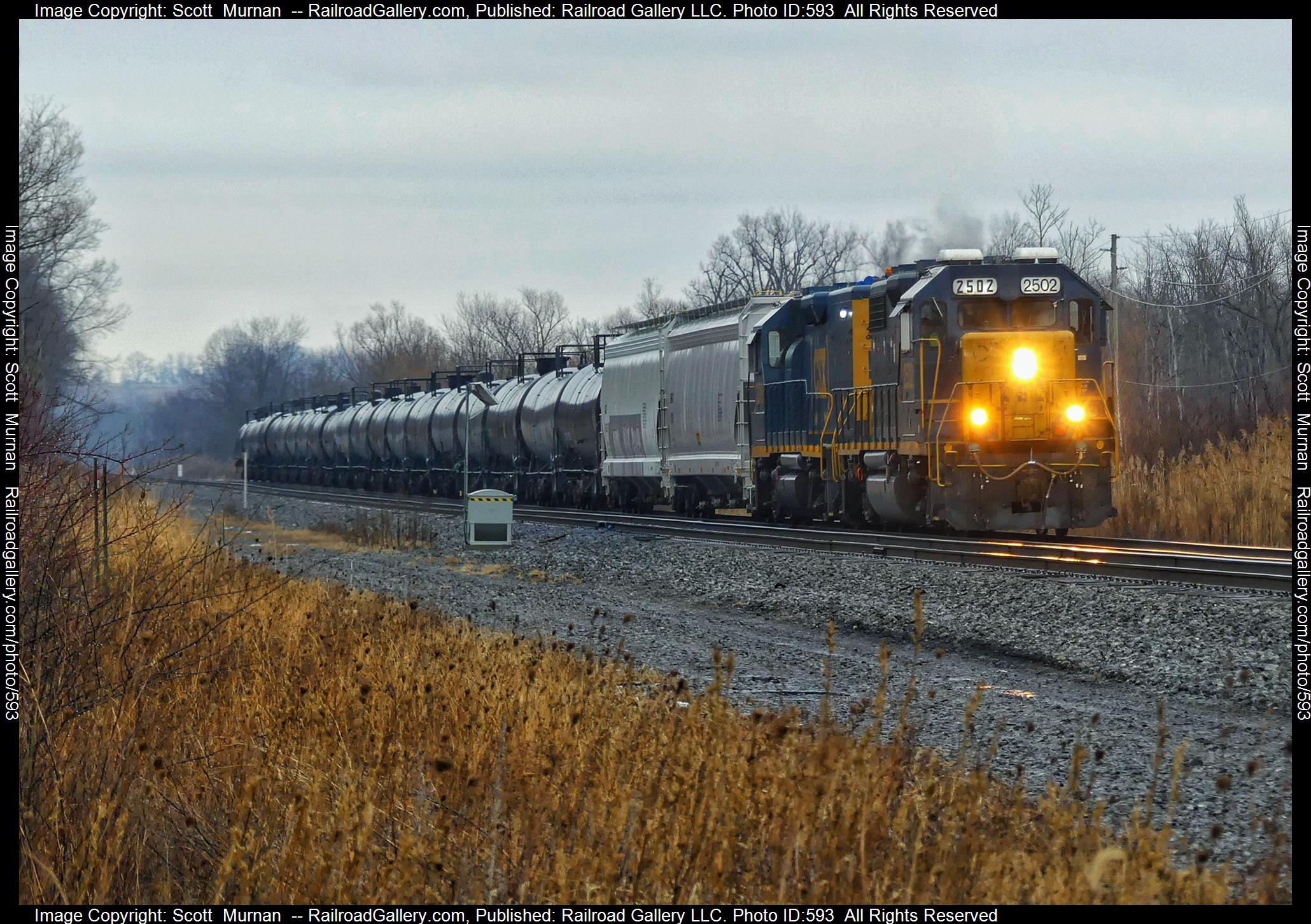 CSX 2502 is a class EMD GP38-2 and  is pictured in Macedon, New York, USA.  This was taken along the Rochester  on the CSX Transportation. Photo Copyright: Scott  Murnan  uploaded to Railroad Gallery on 01/18/2023. This photograph of CSX 2502 was taken on Tuesday, January 17, 2023. All Rights Reserved. 