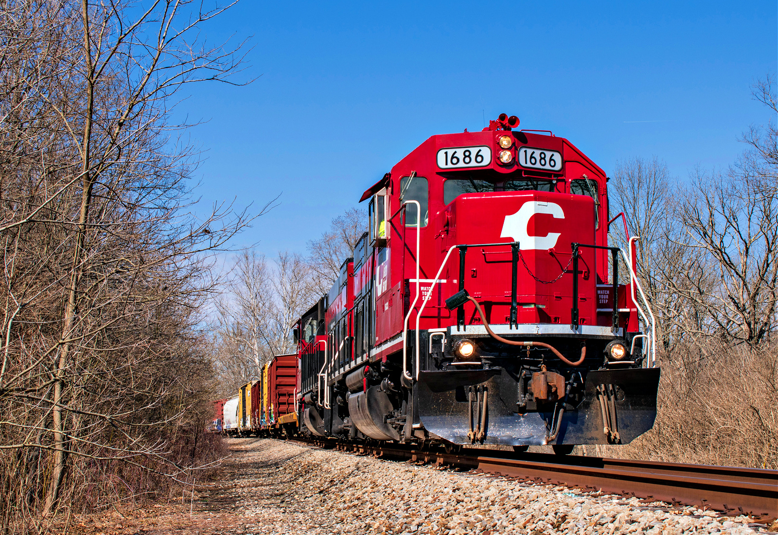 CCET 1686 is a class EMD GP15-1 and  is pictured in Perintown, Ohio, United States.  This was taken along the CCET Mainline on the Cincinnati Eastern Railroad. Photo Copyright: David Rohdenburg uploaded to Railroad Gallery on 01/19/2023. This photograph of CCET 1686 was taken on Sunday, March 13, 2022. All Rights Reserved. 