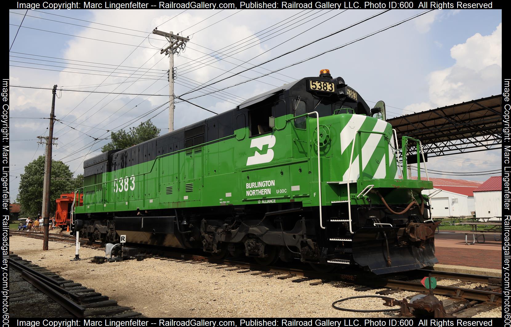 BN 5383 is a class GE U30C and  is pictured in Union, Illinois, USA.  This was taken along the IRM on the Burlington Northern Railroad. Photo Copyright: Marc Lingenfelter uploaded to Railroad Gallery on 01/20/2023. This photograph of BN 5383 was taken on Sunday, August 08, 2021. All Rights Reserved. 