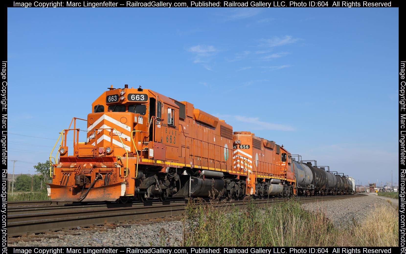 EJE 663 is a class EMD SD38-2 and  is pictured in Gary, Indiana, USA.  This was taken along the CN Kirk Yard on the Elgin Joliet and Eastern. Photo Copyright: Marc Lingenfelter uploaded to Railroad Gallery on 01/21/2023. This photograph of EJE 663 was taken on Saturday, August 14, 2021. All Rights Reserved. 