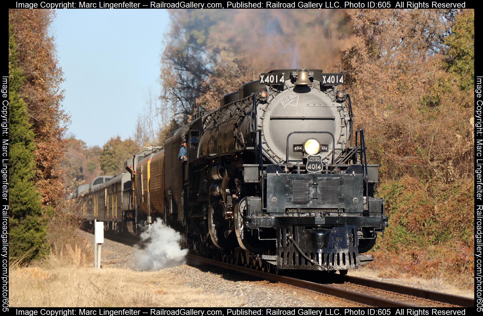 UP 4014 is a class Steam 4-8-8-4 and  is pictured in Coal Hill, Arkansas, USA.  This was taken along the Unknown on the Union Pacific Railroad. Photo Copyright: Marc Lingenfelter uploaded to Railroad Gallery on 01/21/2023. This photograph of UP 4014 was taken on Friday, November 15, 2019. All Rights Reserved. 