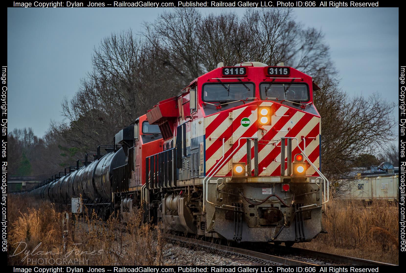 CN 3115 is a class GE ET44AC and  is pictured in Meridian, MS, USA.  This was taken along the Artesia Subdivision on the Canadian National Railway. Photo Copyright: Dylan  Jones uploaded to Railroad Gallery on 01/21/2023. This photograph of CN 3115 was taken on Saturday, January 21, 2023. All Rights Reserved. 