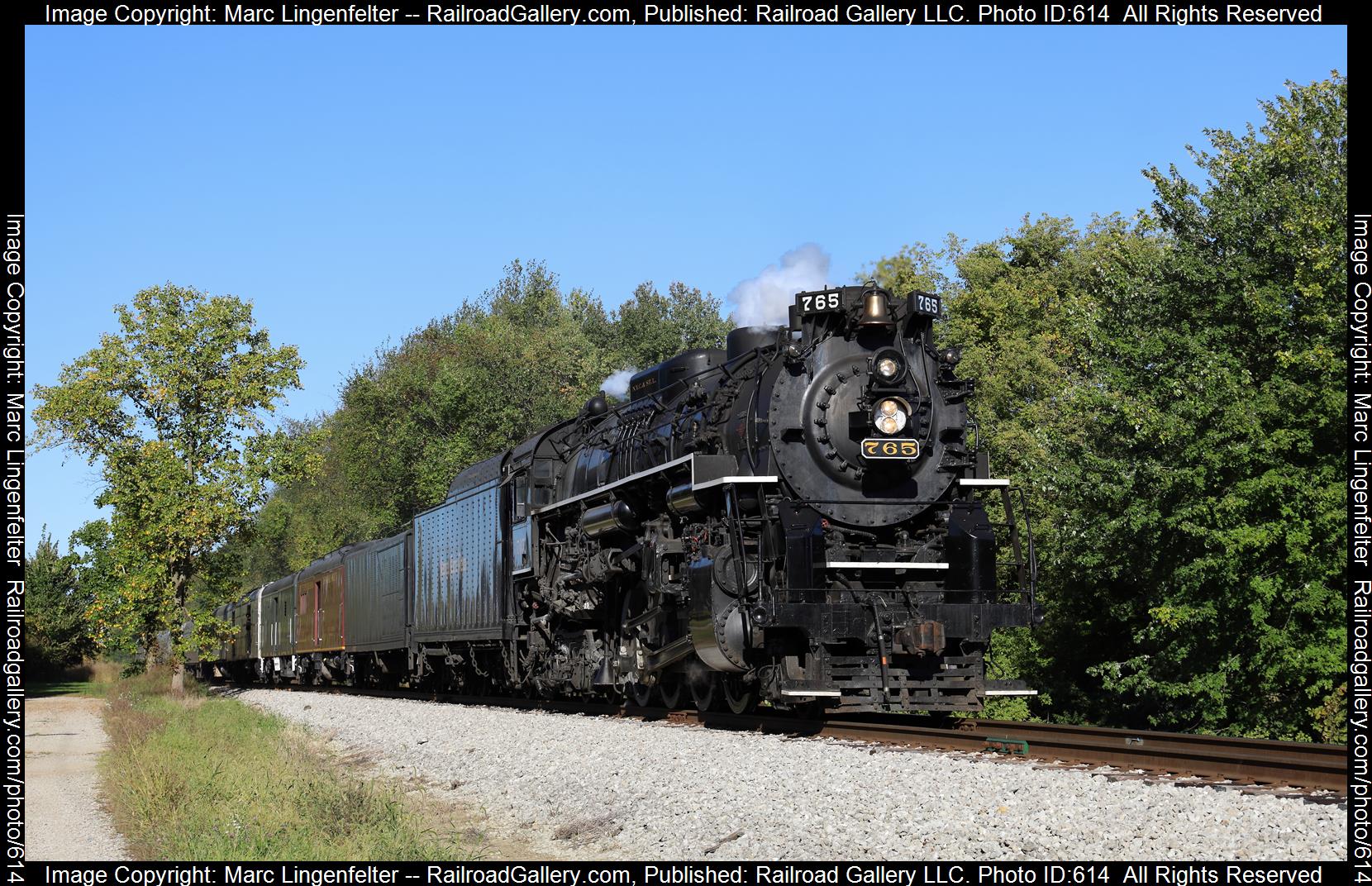 NKP 765 is a class Steam 2-8-4 and  is pictured in Fremont, Indiana, USA.  This was taken along the Northeast Indiana Railroad Main on the Nickel Plate Road. Photo Copyright: Marc Lingenfelter uploaded to Railroad Gallery on 01/23/2023. This photograph of NKP 765 was taken on Saturday, October 01, 2022. All Rights Reserved. 