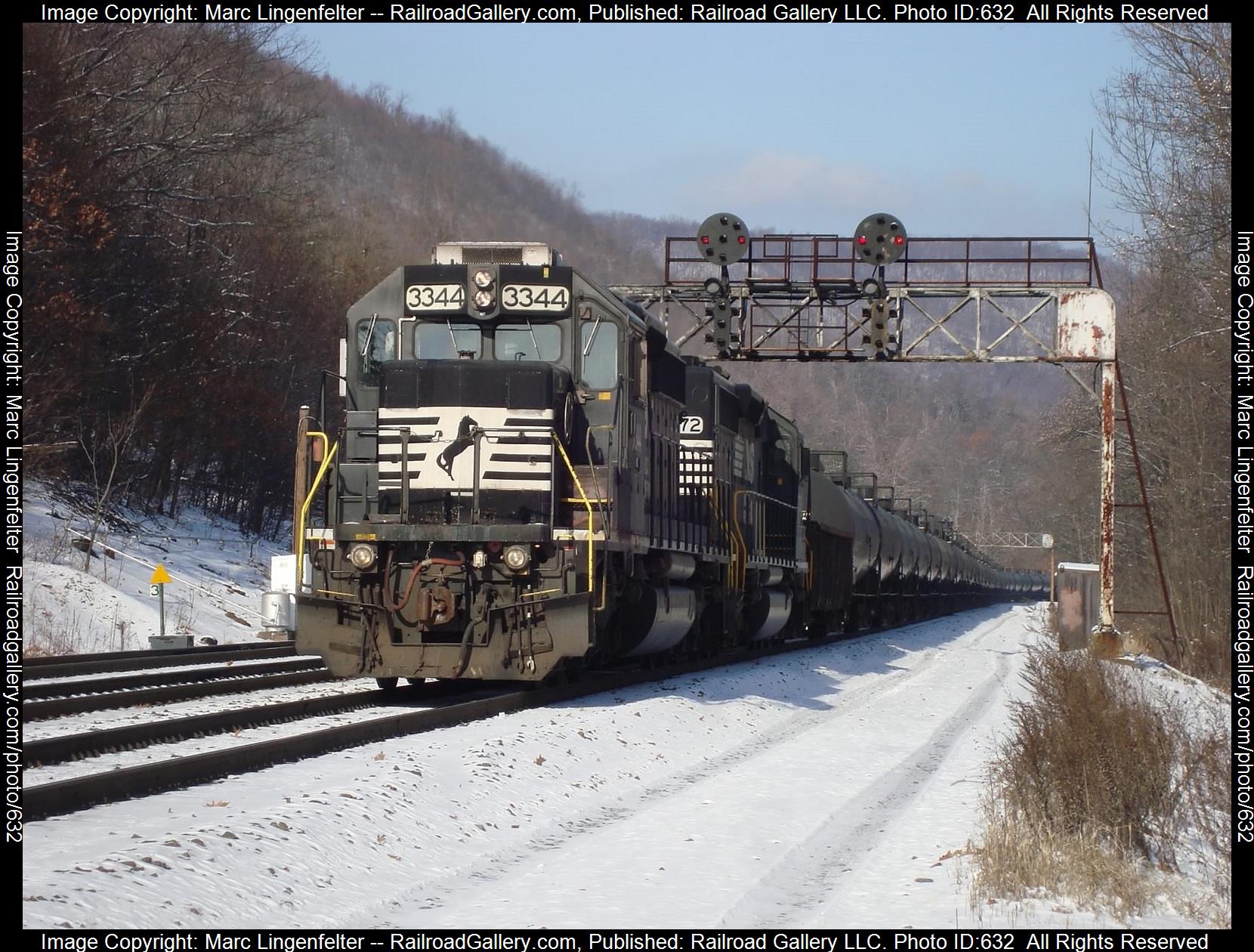 NS 3344 is a class EMD SD40-2 and  is pictured in Altoona, Pennsylvania, USA.  This was taken along the NS Pittsburgh Line on the Norfolk Southern. Photo Copyright: Marc Lingenfelter uploaded to Railroad Gallery on 01/27/2023. This photograph of NS 3344 was taken on Sunday, December 06, 2009. All Rights Reserved. 