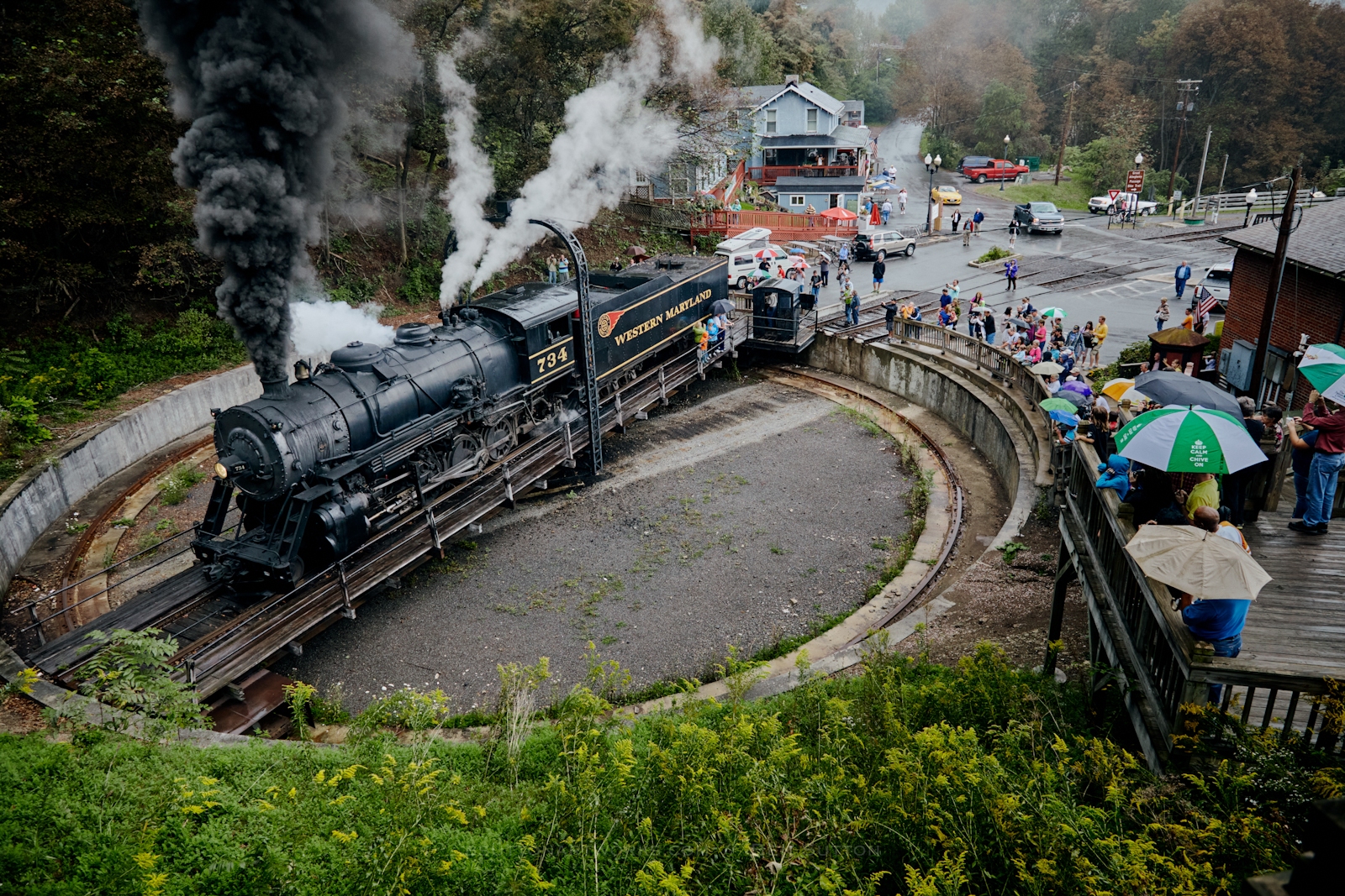 WMSR 734 is a class Steam 2-8-0 and  is pictured in Frostburg, Maryland, USA.  This was taken along the WMSR on the Western Maryland Scenic Railroad. Photo Copyright: Ben Sutton uploaded to Railroad Gallery on 01/28/2023. This photograph of WMSR 734 was taken on Saturday, September 28, 2013. All Rights Reserved. 