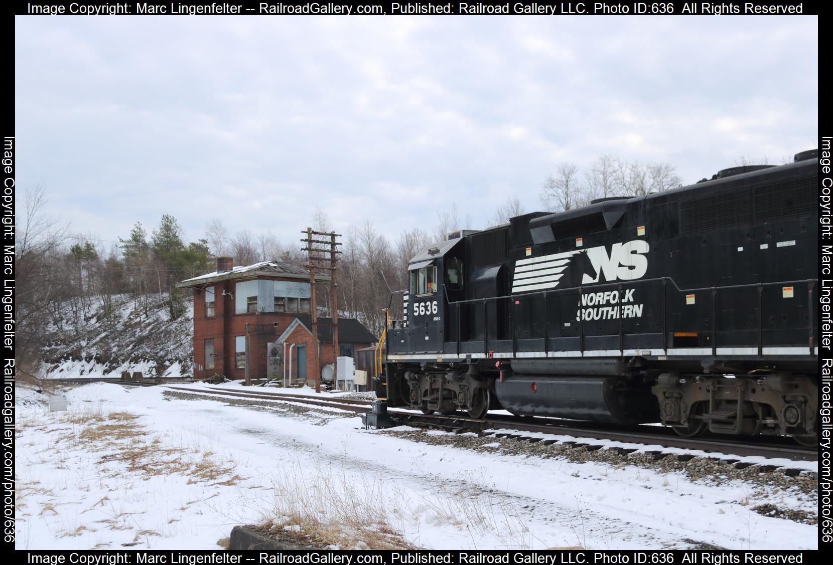 NS 5636 is a class EMD GP38-2 and  is pictured in Blairsville, Pennsylvania, USA.  This was taken along the NS Pittsburgh Line on the Norfolk Southern. Photo Copyright: Marc Lingenfelter uploaded to Railroad Gallery on 01/28/2023. This photograph of NS 5636 was taken on Thursday, March 02, 2017. All Rights Reserved. 