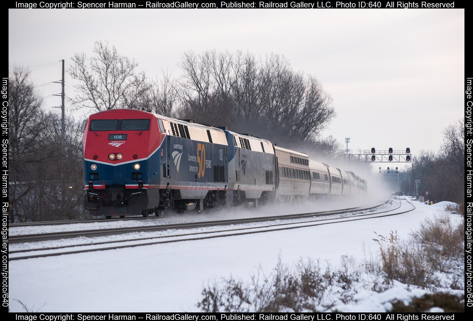 AMTK 108 is a class GE P42DC and  is pictured in Goshen, Indiana, USA.  This was taken along the Chicago Line on the Norfolk Southern Railway. Photo Copyright: Spencer Harman uploaded to Railroad Gallery on 01/28/2023. This photograph of AMTK 108 was taken on Saturday, January 28, 2023. All Rights Reserved. 