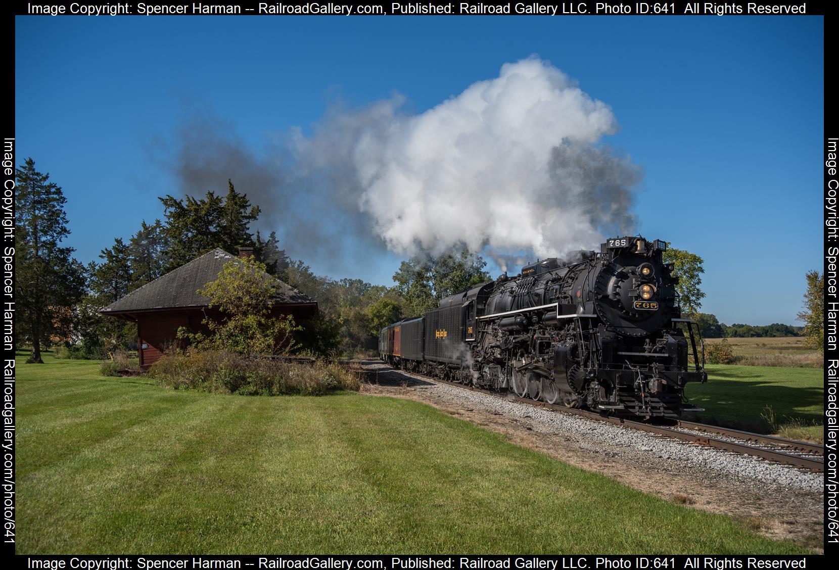 NKP 765 is a class 2-8-4 and  is pictured in Montgomery, Michigan, USA.  This was taken along the FW&J on the Indiana Northeastern Railroad. Photo Copyright: Spencer Harman uploaded to Railroad Gallery on 01/28/2023. This photograph of NKP 765 was taken on Saturday, October 01, 2022. All Rights Reserved. 