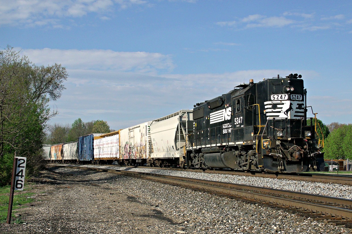 NS 5247 is a class EMD GP38-2 and  is pictured in Sharonville, Ohio, United States.  This was taken along the Dayton District on the Norfolk Southern. Photo Copyright: David Rohdenburg uploaded to Railroad Gallery on 01/29/2023. This photograph of NS 5247 was taken on Wednesday, April 20, 2016. All Rights Reserved. 