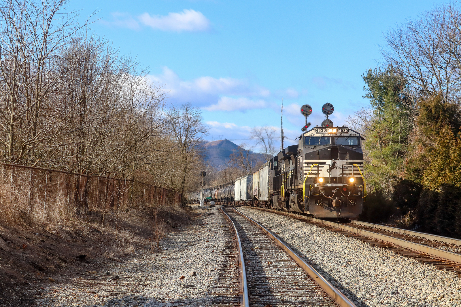 NS 4530 is a class GE AC44C6M and  is pictured in Troutville, Virginia, USA.  This was taken along the NS Hagerstown District/line on the Norfolk Southern Railway. Photo Copyright: Robby Lefkowitz uploaded to Railroad Gallery on 01/31/2023. This photograph of NS 4530 was taken on Friday, January 27, 2023. All Rights Reserved. 