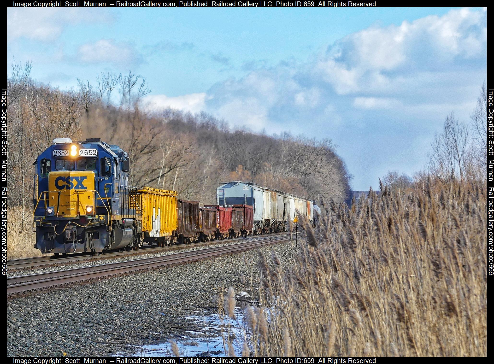 CSX 2652 is a class EMD GP38-2 and  is pictured in Macedon, New York, United States.  This was taken along the Rochester Subdivision  on the CSX Transportation. Photo Copyright: Scott  Murnan  uploaded to Railroad Gallery on 02/01/2023. This photograph of CSX 2652 was taken on Wednesday, February 01, 2023. All Rights Reserved. 