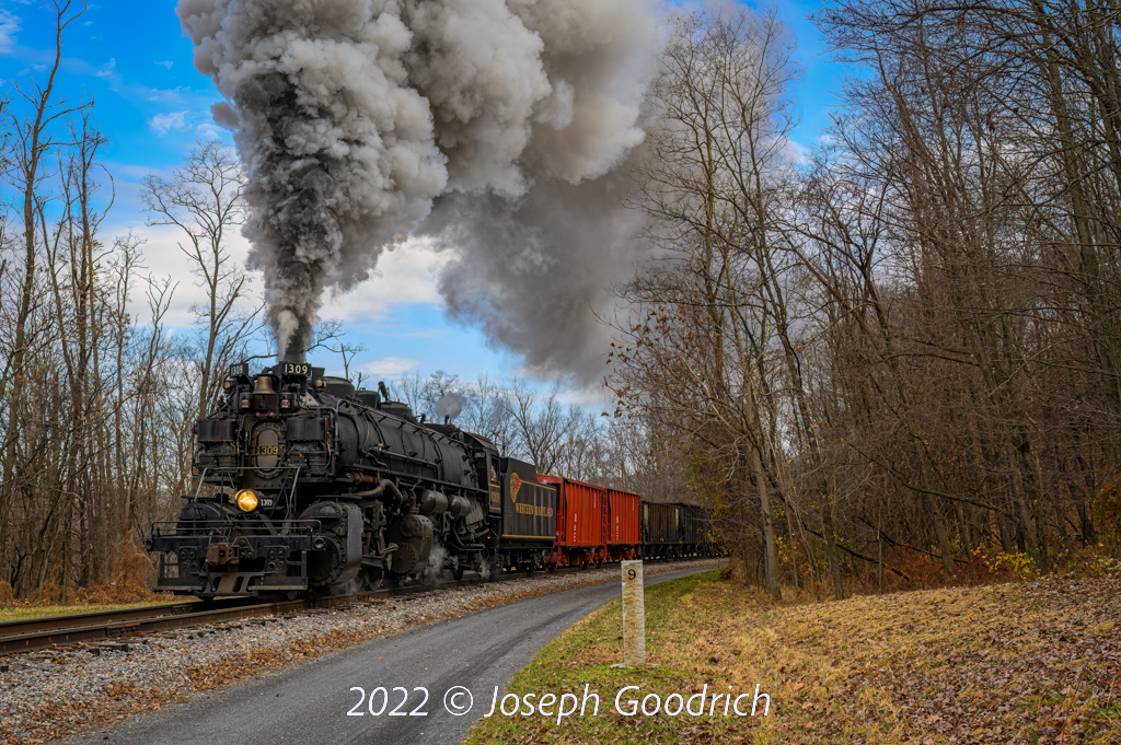 WMSR 1309 is a class 2-6-6-2 and  is pictured in Cumberland , Maryland, USA.  This was taken along the Allegheny  on the Western Maryland Scenic Railroad. Photo Copyright: Joe  Goodrich uploaded to Railroad Gallery on 11/12/2022. This photograph of WMSR 1309 was taken on Sunday, November 06, 2022. All Rights Reserved. 