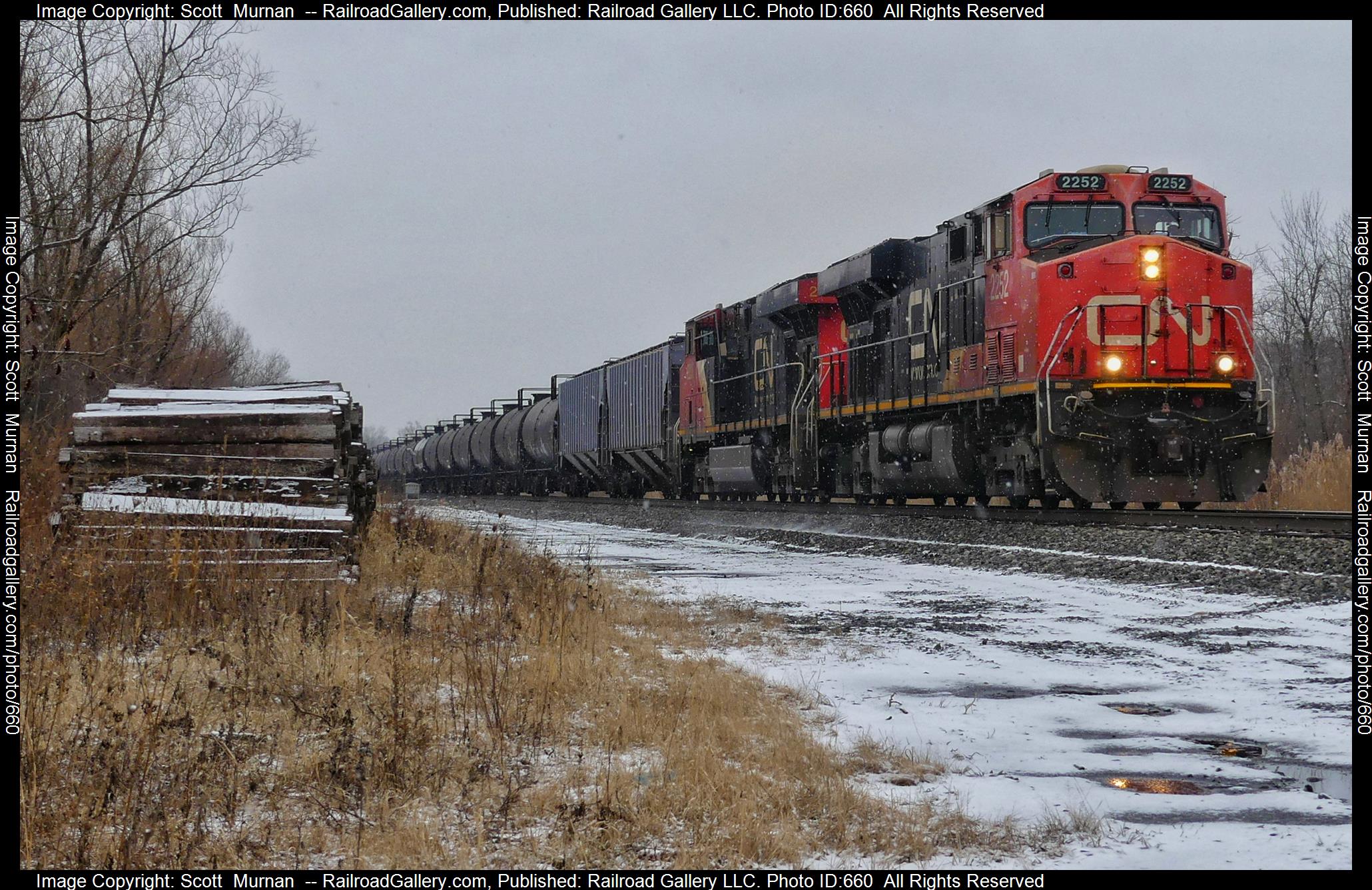 CN 2252 is a class GE ES44DC and  is pictured in Macedon, New York, United States.  This was taken along the Rochester Subdivision  on the CSX Transportation. Photo Copyright: Scott  Murnan  uploaded to Railroad Gallery on 02/01/2023. This photograph of CN 2252 was taken on Monday, January 30, 2023. All Rights Reserved. 
