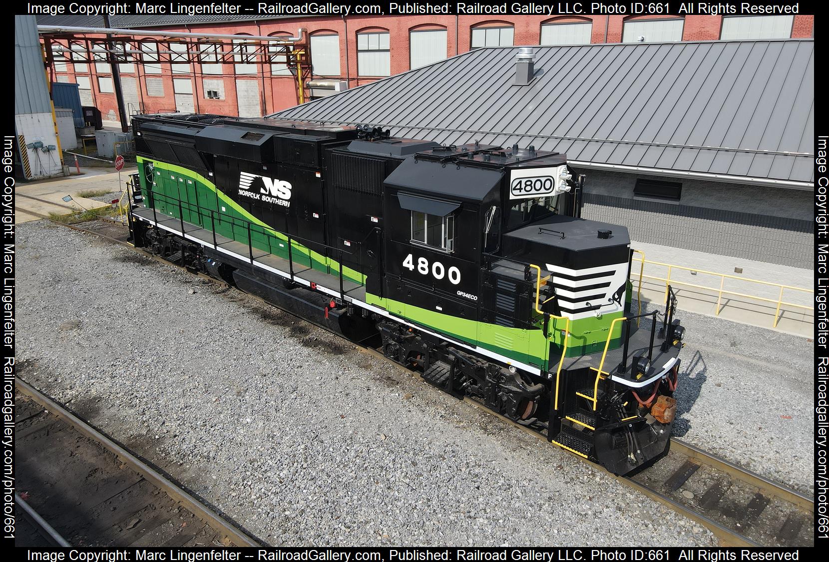 NS 4800 is a class EMD GP34ECO and  is pictured in Altoona, Pennsylvania, USA.  This was taken along the NS Juniata Shops on the Norfolk Southern. Photo Copyright: Marc Lingenfelter uploaded to Railroad Gallery on 02/01/2023. This photograph of NS 4800 was taken on Wednesday, September 15, 2021. All Rights Reserved. 