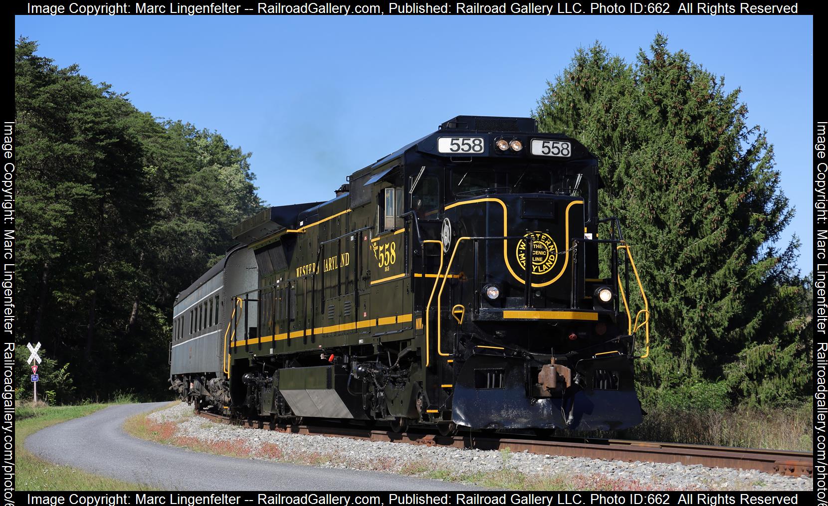 WMSR 558 is a class GE B32-8 (Dash 8-32B) and  is pictured in Cumberland, Maryland, USA.  This was taken along the WMSR Mainline on the Western Maryland Scenic Railroad. Photo Copyright: Marc Lingenfelter uploaded to Railroad Gallery on 02/02/2023. This photograph of WMSR 558 was taken on Friday, September 23, 2022. All Rights Reserved. 